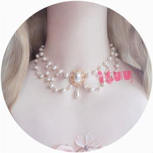 Lolita Ketting Vintage Gothic Rococo Stijl Bruiloft Prinses Strik Kant Parel Ketting Accessoires