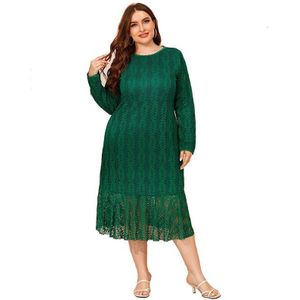 Plus Size Kanten Jurk Vrouwen Herfst Winter Lange Mouwen Party Dress Green Hoge Taille Maxi Lange Jurken