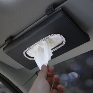 Strass Crystal Auto Tissue Box Voor Zonneklep Pu Leer Opknoping Auto Tissue Bag Holder Zonnescherm Case Diamant Auto Accessoires