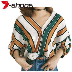 Aecu Streep Vrouwen Blouses Zomer Bating Lange Mouw Vrouwen Tops En Blouses Grote Maat V-hals Vrouwelijke Lente Casual Shirt