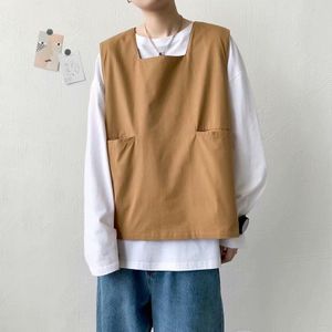 Herfst Trui Vest Mannen Mode Effen Kleur Casual Pocket Tooling Vest Mannen Streetwear Wilde Losse Hip-Hop Koreaanse vest Heren