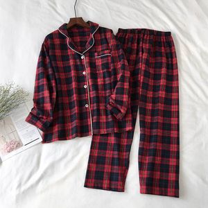 Pyjama Voor Vrouwen Katoen Red Plaid Print Pyjama Set Lange Mouwen Nachtkleding Turn-down Kraag Thuis Kleding Casual pyjama Pak