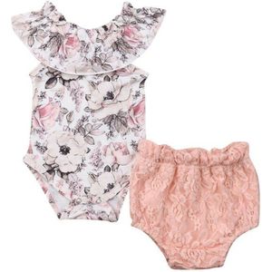 Boutique Meisje Kleding Peuter Kids Baby Meisjes Ruche Bloemenprint Romper + Kant Shorts 2 Stuks Zomer Outfits Kleding