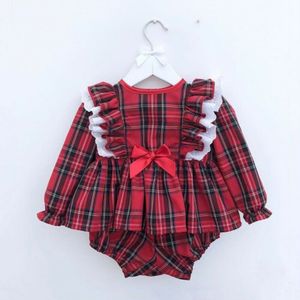 Pasgeboren Peuter Baby Girl Lace Lange Mouw Romper Kleding Jurk Shorts Outfit 2 Stuks Kinderen Rode Plaid Set 0- 24M
