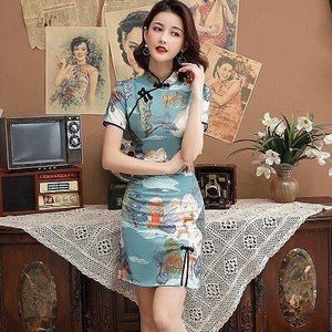 Sheng Coco Royal Blue Cheongsam Jurken Korte Zomer Rayon Cheongsam Qipao Chinese Pastorale Stijl Strakke Jurk XXL