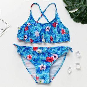 5-14 Jaar Meisjes Badpak Tropische Bloem Kinderen Badmode Flounce Tiener Meisje Bikini Set Cross Terug Meisje Baden pak