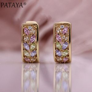 Pataya Kleurrijke Paard Eye Natuurlijke Zirkoon Dangle Oorbellen Bruiloft Sieraden 585 Rose Goud Fijne Holle Oorbel Voor Vrouwen