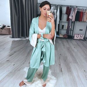 Hechan Satijn Vrouwen Gewaden Vetersluiting Patchwork Pyjama Set Losse Thuis Gewaad Sets Splicing Badjas Panelled Night Set Herfst Suits