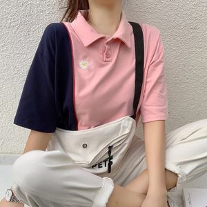 Harajuku Vrouwen Zomer Korte Mouwen Polo Shirt Vrouwen Stiksels Losse Borduurwerk Kleine Madeliefjes Losse Vrouwelijke Overhemd