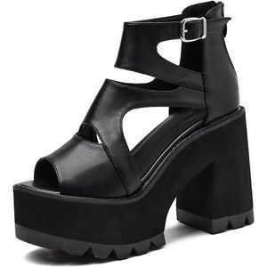 Gdgydh Vrouwen Sandalen Zacht Leer Pu Hoge Squre Hak Sandalen Zwarte Dikke Platform Schoenen Vrouwelijke Open Teen Party Bruiloft schoenen