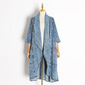 [Ewq] Vrouwelijke Kleding Overjassen Tij Vintage Denim Vrouwen Windjack Revers Kraag Half Mouw Hoge Taille Trenchcoats blauw