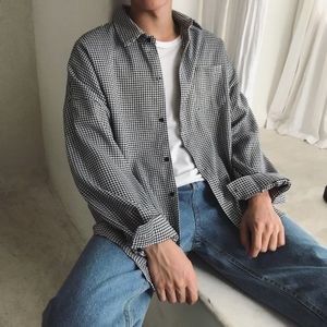 Casual Grey Man Plaid Shirts Lange Mouw Herfst Winter Korea Gird Streetwear Oversize Casual Mode Jurk Overshirt Mannen B50