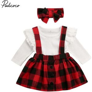 Baby Lente Herfst Kleding Kerst Pasgeboren Baby Meisje Kleding Gebreide Geribbelde Tops Romper Plaids Bib Rok Hoofdband Outfit