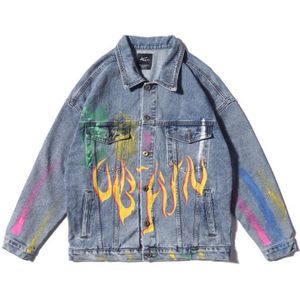 Rainbow Graffiti Vlam Print Denim Jassen Streetwear Hip Hop Casual Bomber Jean Jacket Jassen Tops Blauw Zwart