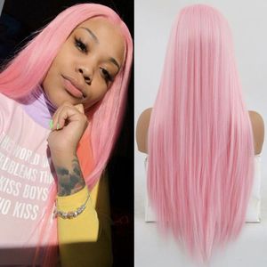 Bombshell Wit Roze Rechte Synthetisch Haar Lace Front Pruik Lijmloze Hittebestendige Vezel Haar Natuurlijke Haarlijn Voor Vrouwen Pruiken