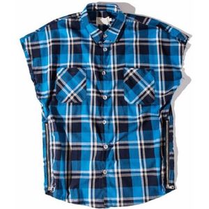 Side Rits Plaid Flanel Shirt Mannen Mouwloze Zomer Oversize Hiphop Shirts Plus Size Blauw Shirt Mannen Justin Bieber kleding