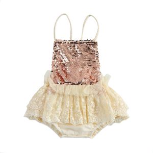 Focusnorm 0-24M Pasgeboren Baby Meisjes Prinses Bodysuits Lovertjes Kant Patchwork Mouwloze Riem Backless Jumpsuits