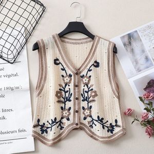 Vintage Haak Bloemen Trui Vest Vrouwen Mouwloze Crop Tops Lente Herfst Koreaanse Mode Dames Meisjes V Hals Gebreide Vest Vrouwelijke