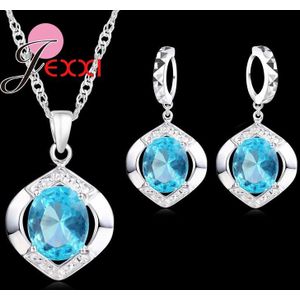 Classic 100% 925 Sterling Zilver Top Grade Aaa + + Cz Zircon Wedding Engagment Ketting + Oorbel Blauw Sieraden Sets