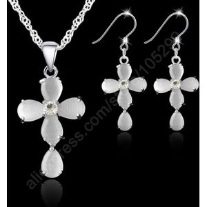 Mode-sieraden Sets 925 Sterling Silver Cross Crystal Hanger Kettingen Haak Oorbellen Voor Vrouwen Beste Cadeaus Gratis