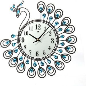3D Pauw Wandklok Metalen Horloge Diamant Bloem Huis Woonkamer Kantoor Diy Klokken Ambachten Ornamenten 38x38cm