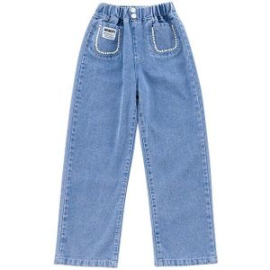 Meisjes Jeans 2022 Koreaanse Lente En Herfst Mode Casual Kinderen Broek Meisje Parel Pocket Wijde Pijpen Jeans Tiener Denim Broek
