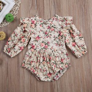 Baby Baby Meisje Bloemen Patroon Playsuit Ruches Lange Mouwen O-hals Romper Jumpsuit Outfits