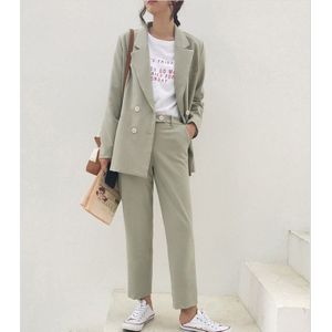 Vintage Herfst Winter Thicken Vrouwen Broek Pak Lichtgroen Notched Blazer Jacket & Pant Office Wear Vrouwen Suits Vrouwelijke sets