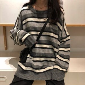 Japanse casual grote size fun gestreepte trui vrouwelijke college paar losse Harajuku Ulzzang tops O-hals ins gebreide chic trui