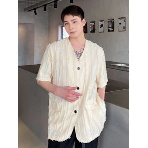 Iefb Cut Edge Rough Selvedge V-hals Korte Mouw Shirts Mannen Zomer Mode Toevallige Tij Dark Jeugd Mannelijke Tops 9A2469