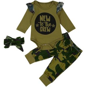 Baby Baby Kleding Set, ronde Hals Lange Mouw Romper En Camouflage Broek Hoofddeksels Driedelig Pak Voor Peuter Jongens Meisjes