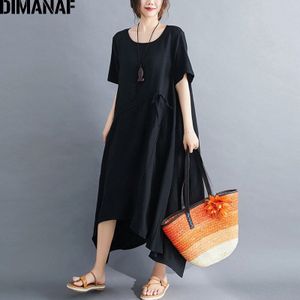 Dimanaf Plus Size Vrouwen Jurk Summer Zonnejurk Kleding A-lijn Lady Vestidos Losse Geplooide Katoen Linnen Solid Maxi Jurk