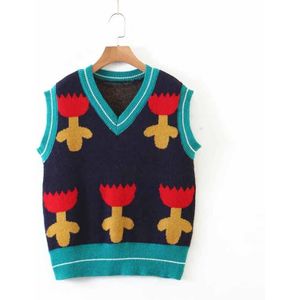 Vrouwen Bloemenprint Borduren Gebreide Truien Mouwloos Vest Herfst Winter Warm V-hals Vrouwelijke Jumpers Truien