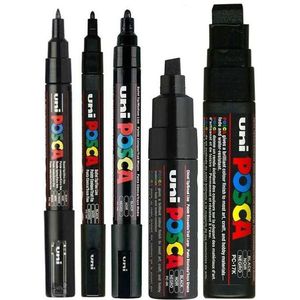 5 Stks/set Verf Gemengde Marker Pen Pack Zwart 5 Posca Markers In Verschillende Grootte PC-1M/3M/5M/8K/17K 1Marker / Size