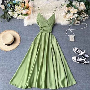 YuooMuoo Smooth Green V-neck Maxi Summer Women Dress Bandage Long Spaghetti Strap Backless Party Dress Outfits Sundress