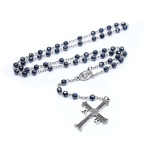 Zwart En Wit Kristal Kralen Rozenkrans Kruis Ketting Hanger Maagd Maria Religieuze Gebed Mannen Mannelijke Sieraden