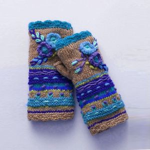 Geborduurde Winter Handschoenen Gebreide Handschoenen Vrouwen Warm Flowerfingerless Handschoenen Voor Vrouwen Guantes Invierno Mujer Luvas # T2G