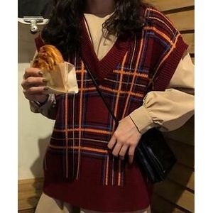 Trui Vest Preppy Stijl V-hals Plaid Gebreide Mouwloze Vest Truien Womens Truien Womens 2 Kleuren En Najaar