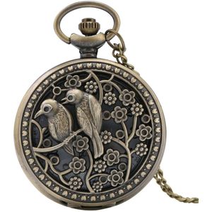 Antiek Brons Mooie Vogel Hollow Quartz Pocket Horloges Chinese Stijl Idyllische Scène Hanger Ketting Fob Zakhorloge