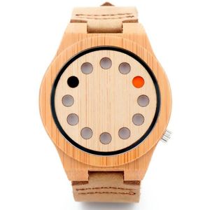 BOBO VOGEL Milieuvriendelijke Houten Horloge Heren Top Luxe Unieke Gaten Lederen Quartz Horloge met Lederen Band
