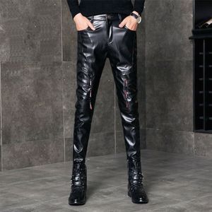 Mannen Black Faux Leather Skinny Broek Stage Club Broek Rock Hip Hop Streetwear Motorcycle Biker Winddicht Warm Pu Lederen Broek