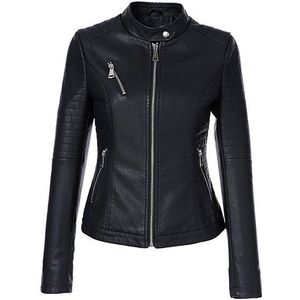 Aorryvla Zwarte Korte Herfst Womens Lederen Jas Lange Mouw Mandarijn Kraag Moto Biker Zipper Slim Gewatteerde Pu Leren Jas