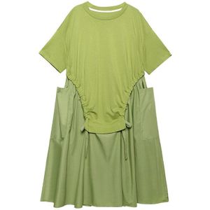 [Eam] Vrouwen Groene Grote Pocket Trekkoord Big Size Jurk Ronde Hals Half Mouw Losse Fit Mode Lente zomer 1T168