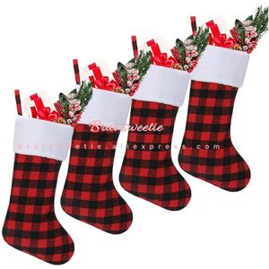 Rode Buffalo Plaid Kerstcadeau Kousen Tassen Controleren Pluche Kous Met Faux Fur Manchet Voor Kerstboom Opknoping Decoraties