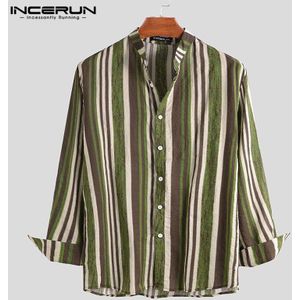 Incerun Vintage Gestreepte Mannen Shirts Lange Mouw Stand Kraag Blouse Man Katoen Chic Ademende Casual Shirts Lente Mens Camisa