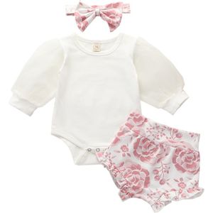 Peuter Baby Meisje Lange Mouw Romper Tops Luipaard Bloemen Shorts Hoofdband Outfit Kleding Set