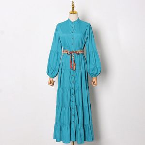 Vgh Bohemian Maxi Vrouwen Jurk Stand Kraag Lantaarn Lange Mouw Hoge Taille Sjerpen Temperament Jurken Vrouwelijke Stijl