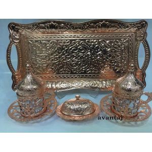 Ottoman Patroon Koper Turkse Koffie Set Voor Twee 11 Stuks Fijne Elegante Porselein Cup