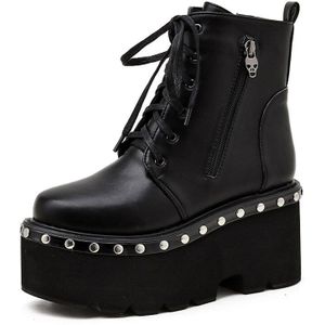 Gdgydh Dikke Hak Enkellaarsjes Lace Up Chunky Laarzen Vrouwen Hoge Hakken Herfst Winter Retro Klinknagel Zwarte Gothic Platform schoenen