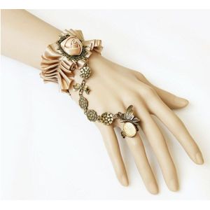 Vintage Champgne Bloemen Vingerloze Mode Armbanden met Ring/Bridal Hand Ketting 321